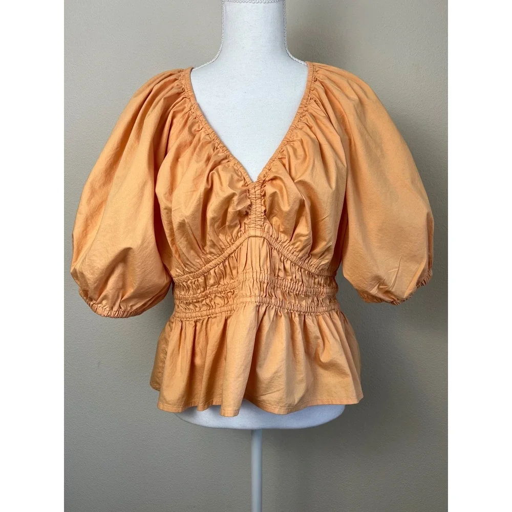 Old Navy Peach Poplin Peplum Blouse L Puff Sleeve Romantic Prairie‎ Babydoll Top